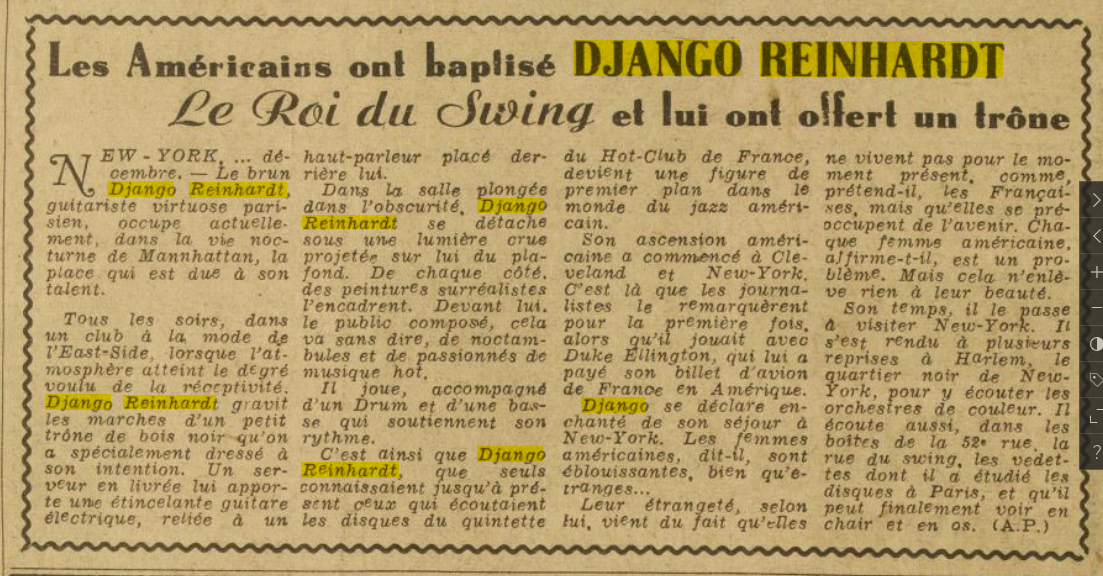 Press Ce Soir 29 DEC 1946 Django King of Swing.PNG