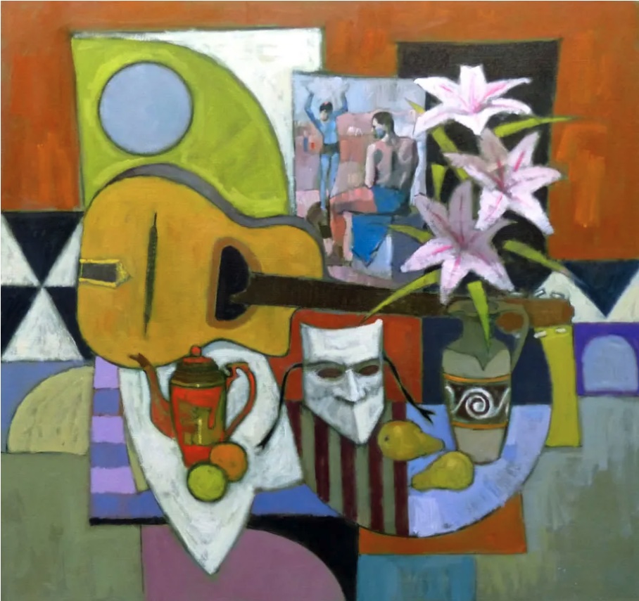 JACK MORROCCO GITANES GUITAR AND SALTIMBANQUES Oil on Canvas 34 x 36%22.jpg